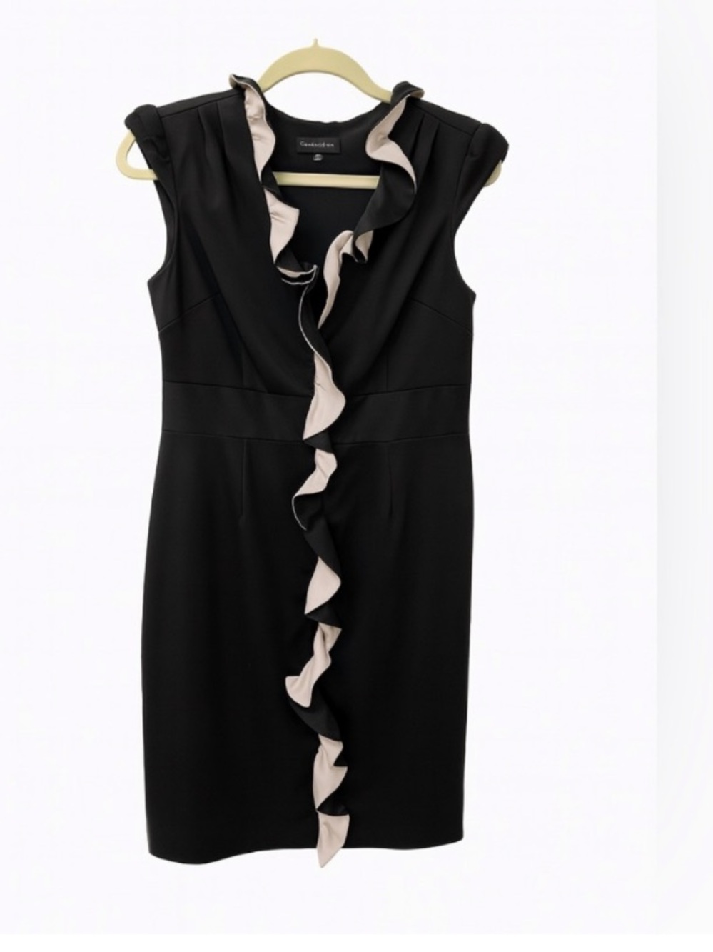 Max & Cleo sz 10 Black Sheath Dress contrast beige Ruffle Trim satin finish LBD